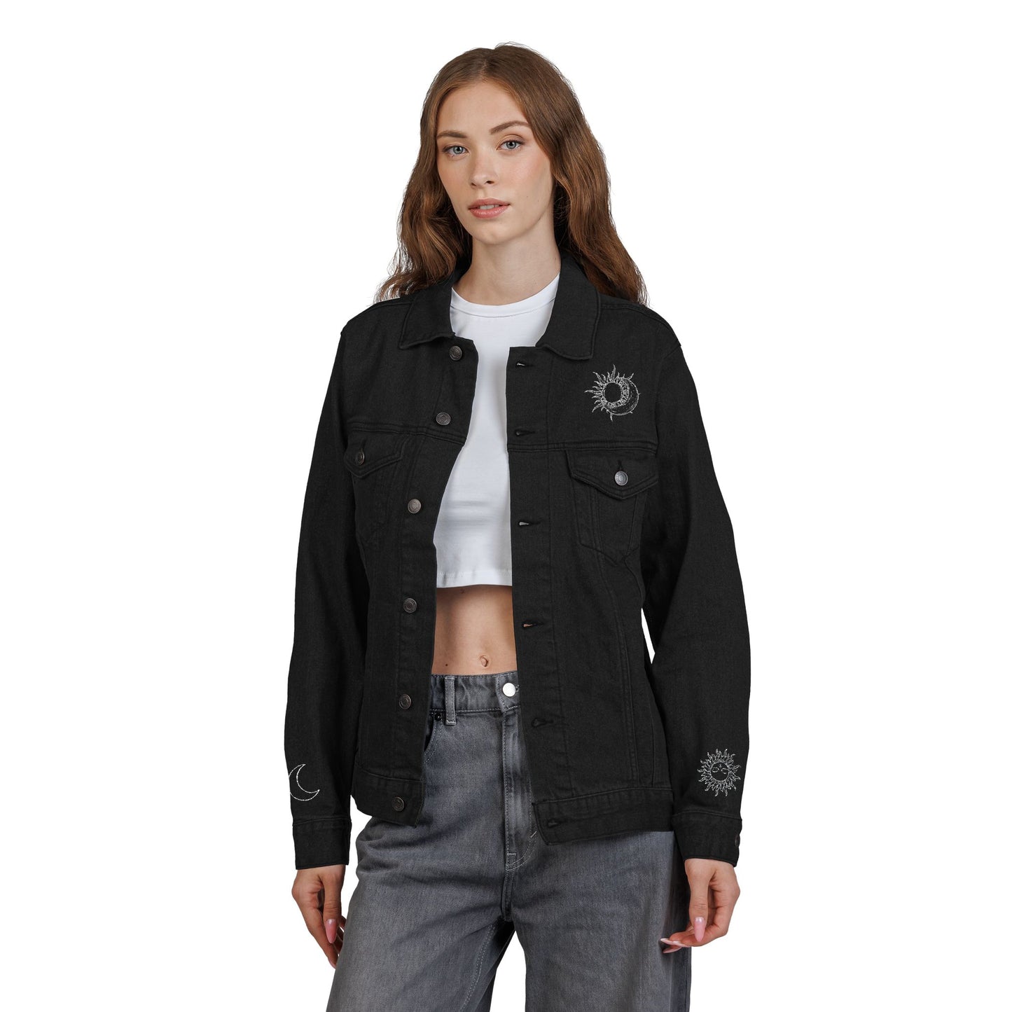 Sun & Moon Eclipse Denim Jacket (Silver Embroidery)